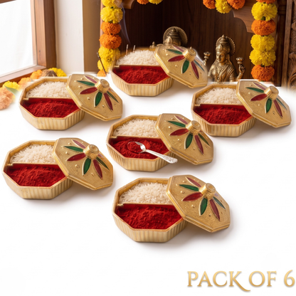 Santarms Traditional Hexagonal Meenakari Sindoor Box With Roli Chawal | Pack Of 6