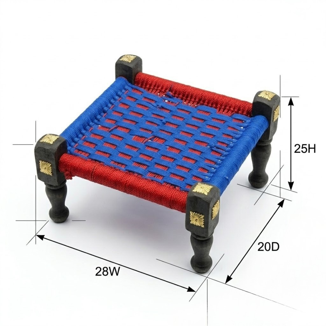 A small woven chair or low stool with a red and blue cord seat and black wooden legs, shown on a white background with dimension arrows and labels indicating 28W, 20D, and 25H.