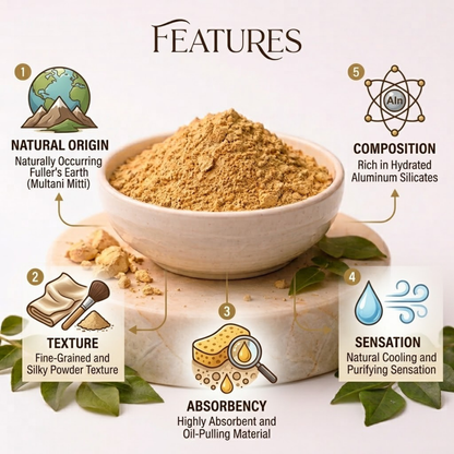 A product infographic for a clay powder mask, featuring a central bowl of light brown powder on a marble slab with five numbered feature callouts on a cream background.