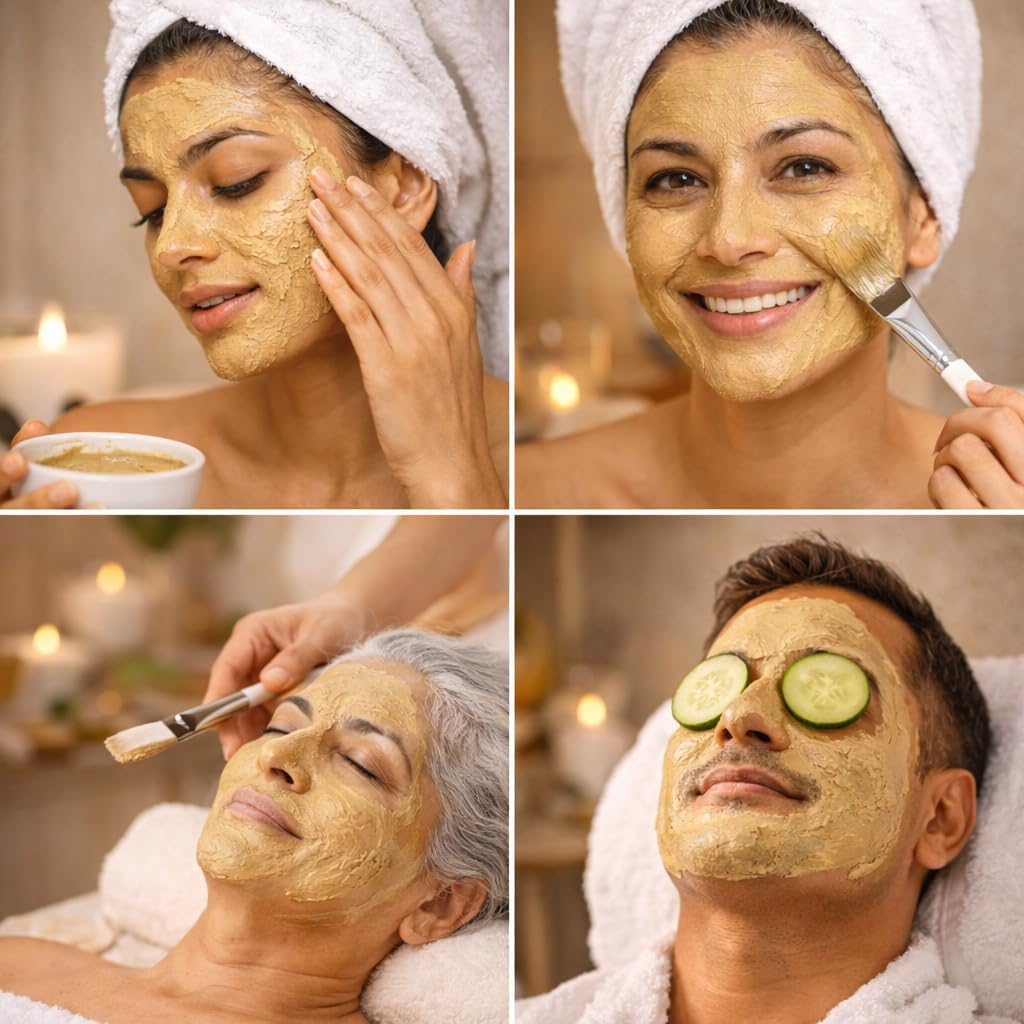 Four-panel collage showing people with golden facial masks in a spa setting, including a woman applying cream, a smiling woman with a brush, a spa attendant brushing a woman's face, and a man with cucumber slices on his eyes while wearing a face mask.