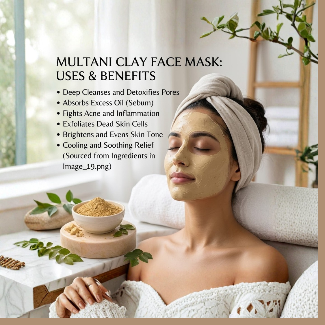 A woman with a tan clay face mask and a white head wrap relaxes in a spa-like setting, with text on the left describing the benefits of a multani clay face mask.