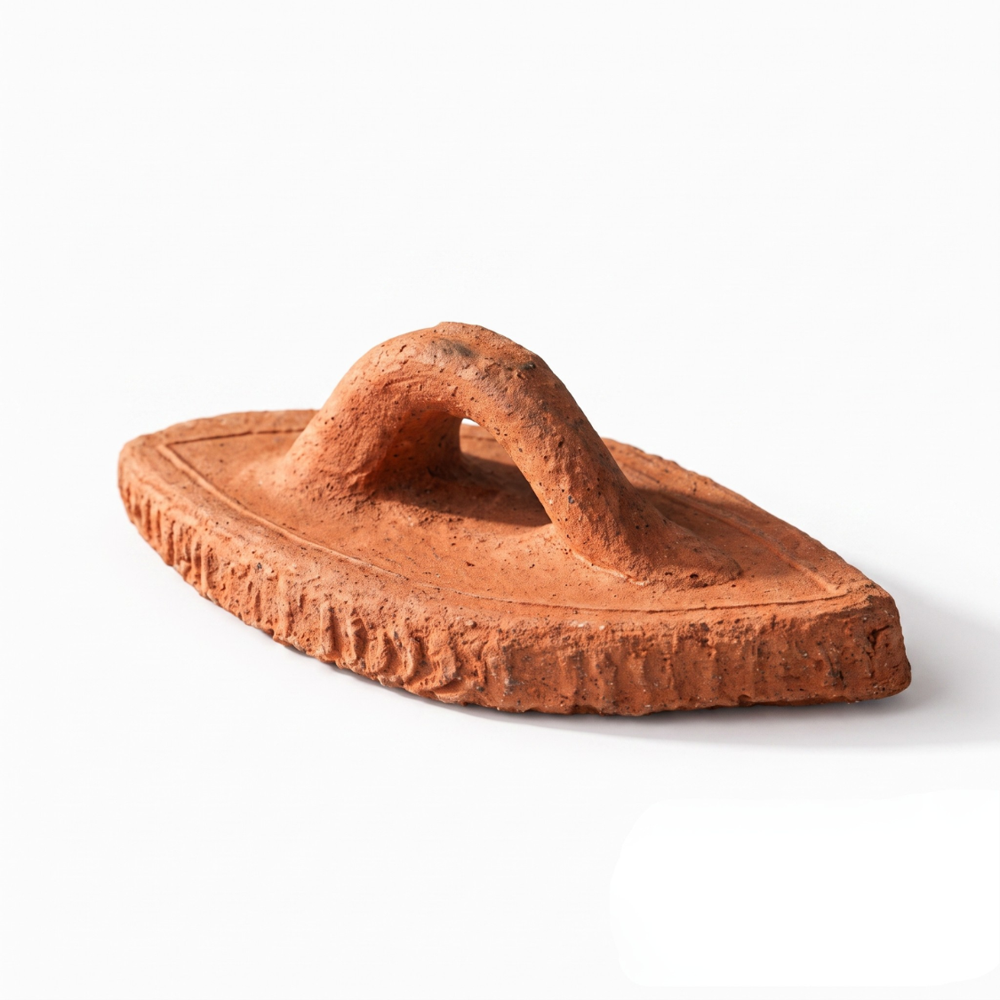 A terracotta-colored clay sandal with a textured, rustic finish, photographed on a clean white background.