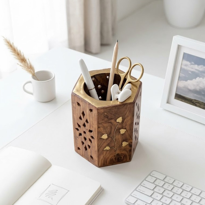 Santarms Handcrafted Hexagonal Wooden Holder with Brass Inlay