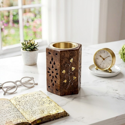 Santarms Handcrafted Hexagonal Wooden Holder with Brass Inlay