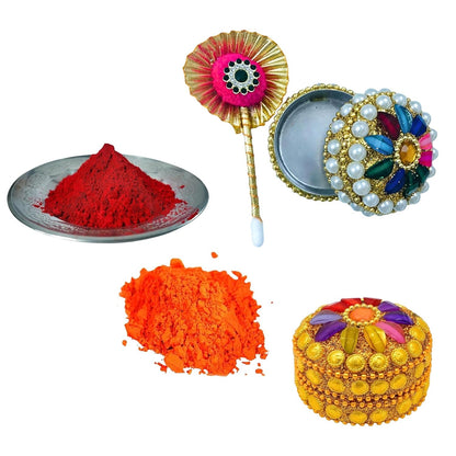 A set of traditional Indian Holi festival accessories on a white background, including a silver plate with bright red powder, a pile of orange powder, a gold flower-shaped spoon with a pink and green center, an open round box decorated with white pearls and colorful gemstones, and a gold cylindrical box decorated with yellow stones and multicolor floral accents.