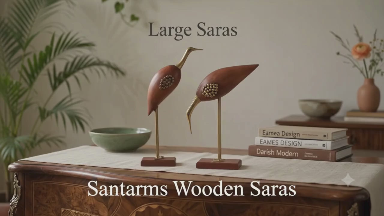 A love-themed promotional video showcasing a pair of handcrafted Santarms Sheesham wood and brass Saras crane sculptures.Symbol of faithful love' and 'Perfect for Anniversary, New Year'.