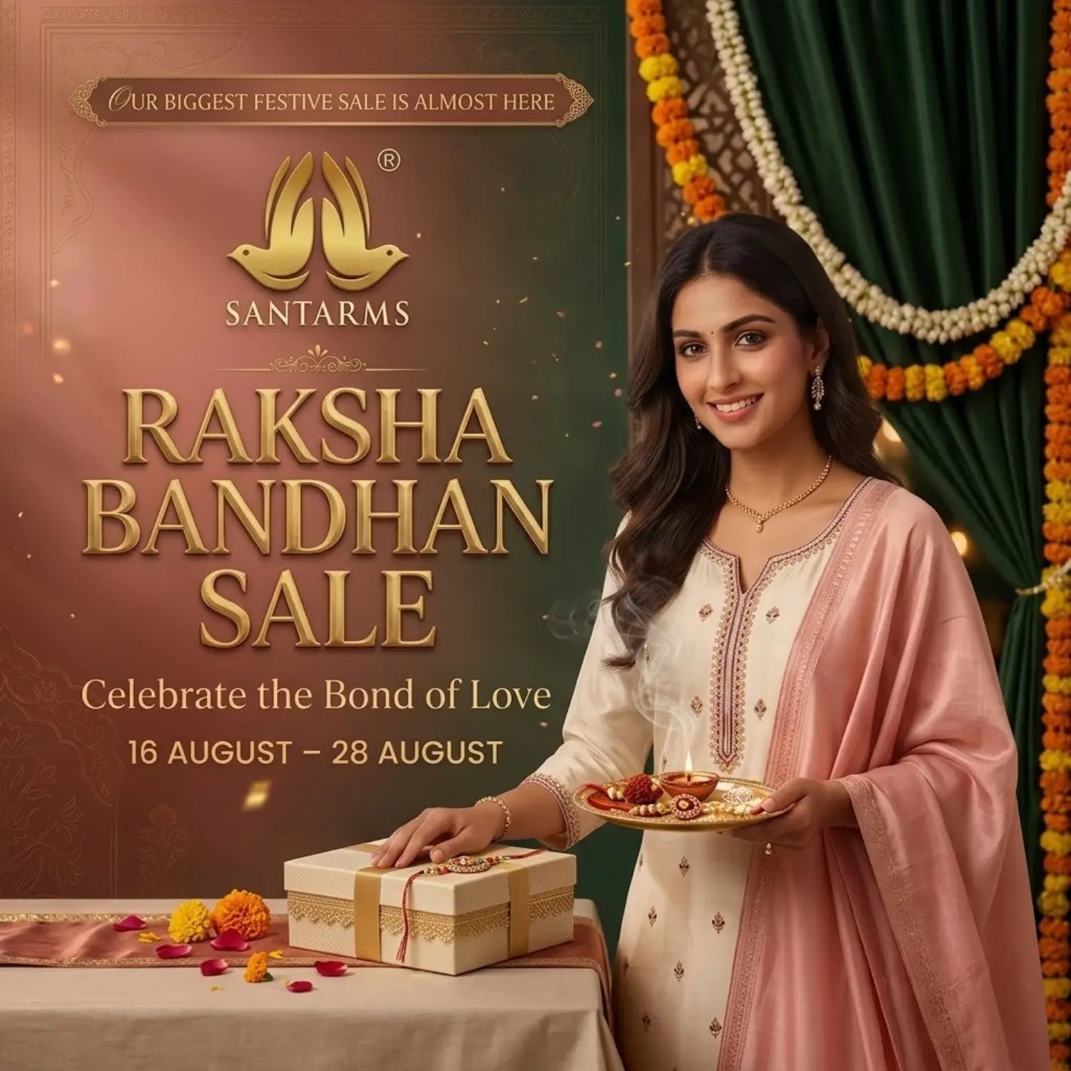 A promotional banner for Santarams Raksha Bandhan Sale, featuring a woman in a pink and white traditional outfit holding a plate of sweets next to a wrapped gift box on a decorated table.
