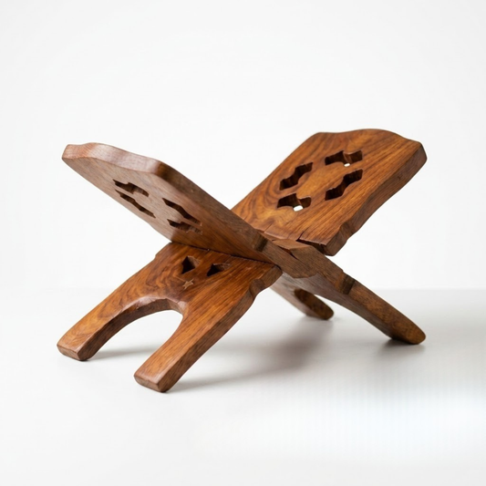 A wooden Islamic book stand with a warm brown finish and decorative cutouts, displayed on a clean white background.