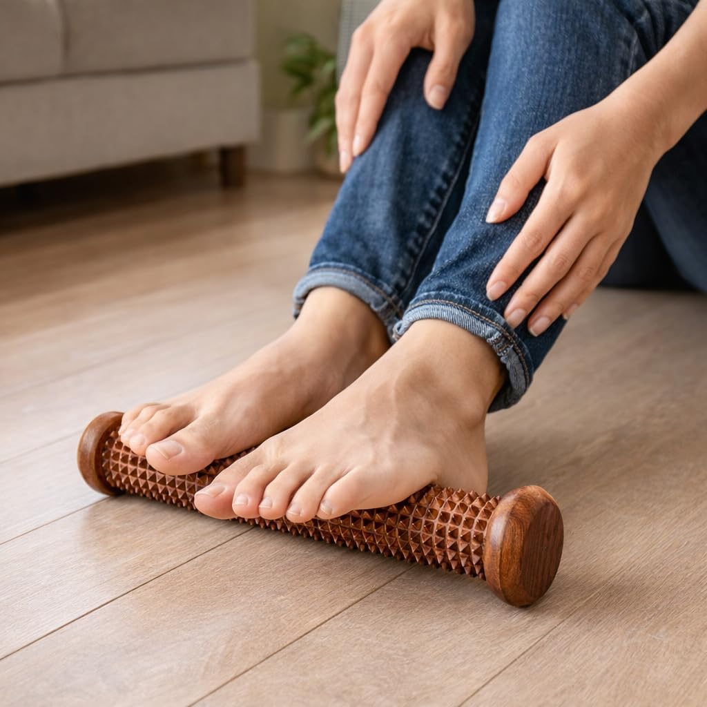 A person using a wooden foot roller on their feet while sitting on a light wood floor in a living room setting.