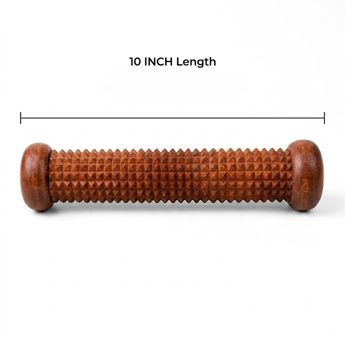 A brown textured wooden massage roller with a 10-inch length measurement line and text overlay on a white background.