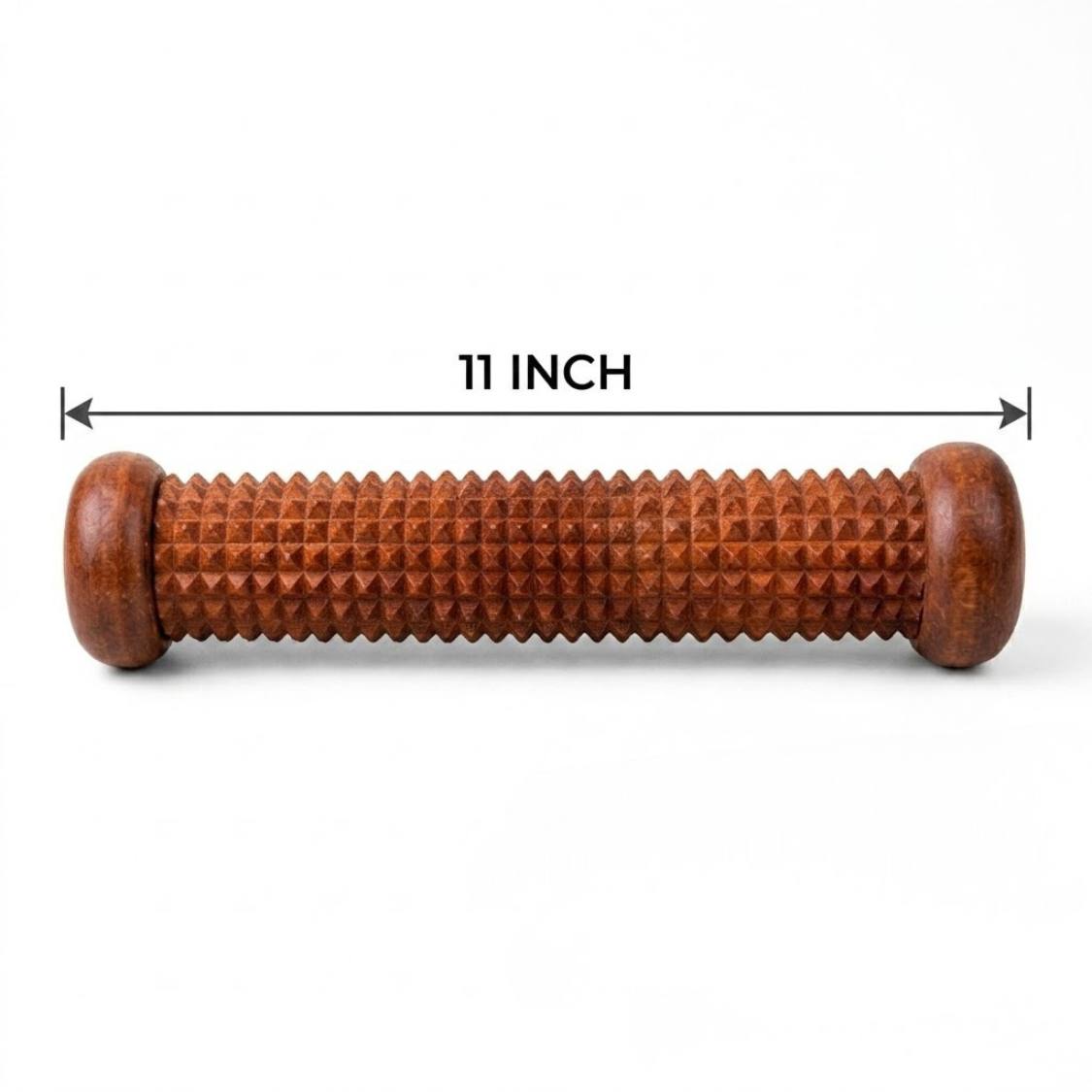 A brown textured massage roller with a 11-inch length measurement overlay, shown on a plain white background.