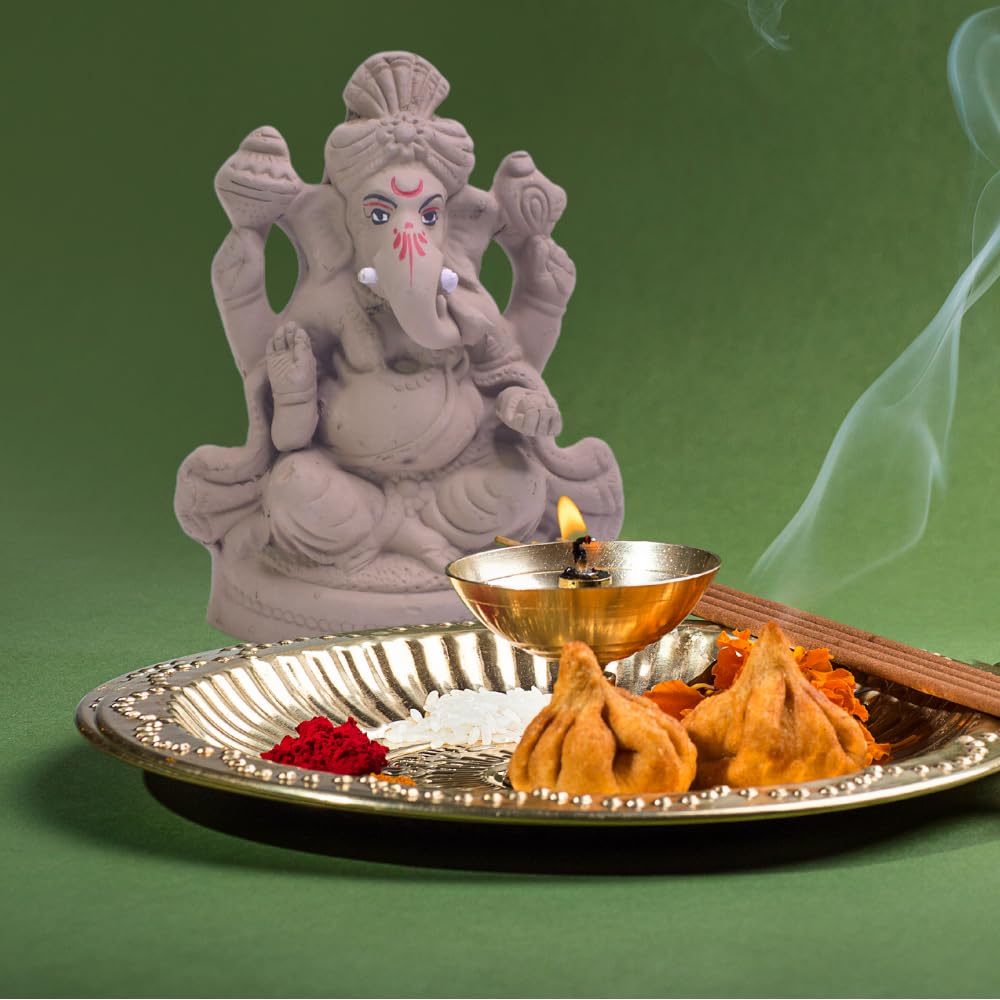 santarms Eco Friendly Handcrafted Clay/Mud Ganpati Murti Biodegradable Kacchi Mitti Ganesha Water Soluble Ganesh Idol for Visarjan (H:6.5 Inch, Medium),Natural Grey with Flower Seeds for Gifts