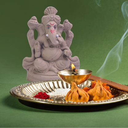 santarms Eco Friendly Handcrafted Clay/Mud Ganpati Murti Biodegradable Kacchi Mitti Ganesha Water Soluble Ganesh Idol for Visarjan (H:6.5 Inch, Medium),Natural Grey with Flower Seeds for Gifts