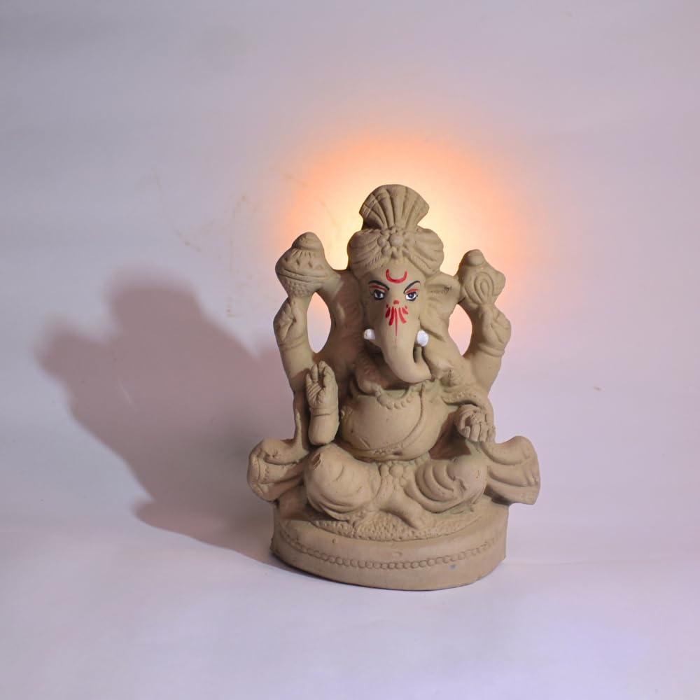 santarms: Eco Friendly Handcrafted Clay/Mud Ganpati Murti Biodegradable Kacchi Mitti Ganesha Water Soluble Ganesh Idol for Visarjan (H:6.5 Inch, Medium),Natural Grey with Flower Seeds for Gifts