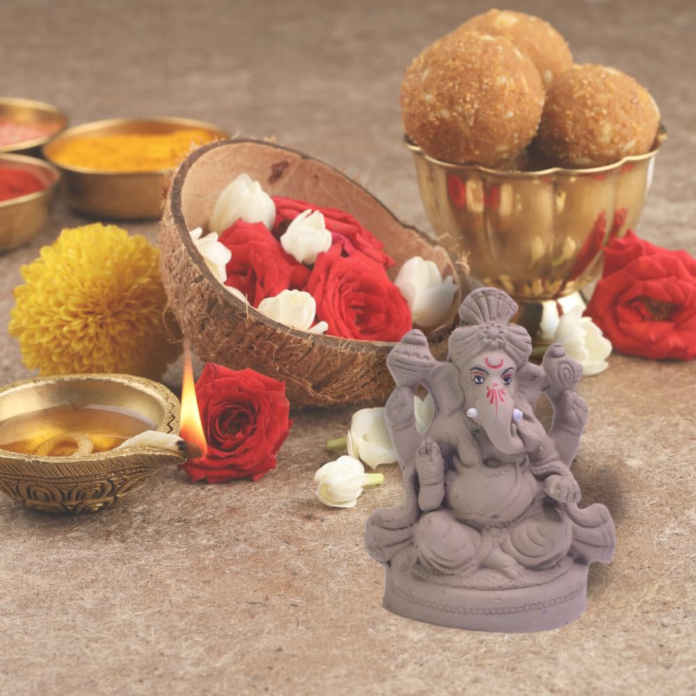 santarms Eco Friendly Handcrafted Clay/Mud Ganpati Murti Biodegradable Kacchi Mitti Ganesha Water Soluble Ganesh Idol for Visarjan Natural Grey with Flower Seeds for Gifts