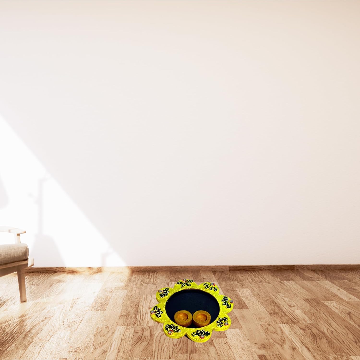 santarms Wooden Pooja Thali for Puja and Rakhi - Handcrafted Flower Shape Yellow Thali, Perfect for Tilak and Rituals | Elegant and Decorative Pooja Plate | Pack of 1