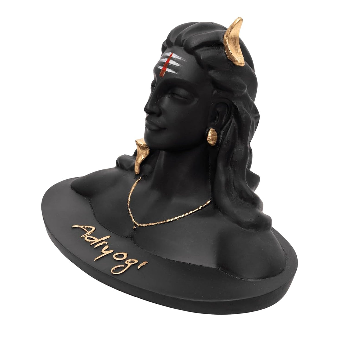 A black resin bust sculpture of Lord Shiva with gold-colored horns, earrings, and necklace, featuring a red and white tilak on his forehead. The base is inscribed with the name 'Adhyogi' in gold script, set against a plain white background.