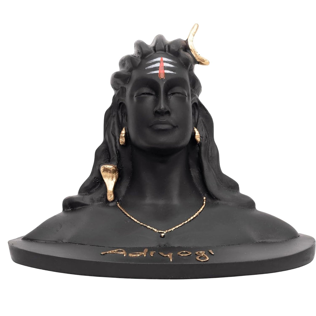 A black resin bust sculpture of Adi Siva with gold-colored earrings, necklace, and crescent moon, featuring white and red tilak markings on the forehead and the name 'Adi Siva' written in gold on the base, set against a plain white background.