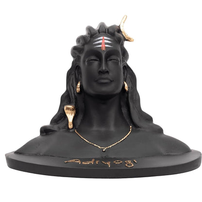 A black resin bust sculpture of Adi Siva with gold-colored earrings, necklace, and crescent moon, featuring white and red tilak markings on the forehead and the name 'Adi Siva' written in gold on the base, set against a plain white background.