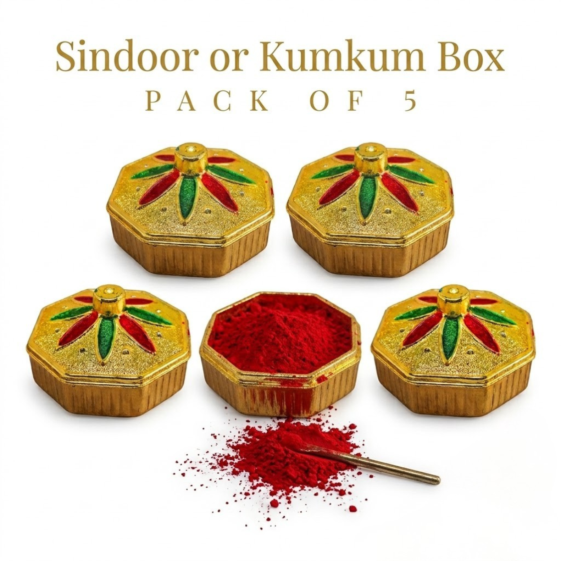 Five gold-colored octagonal boxes of Kumkum powder arranged on a white background, with one box open to show bright red powder. Gold text at the top reads 'Sindoor or Kumkum Box PACK OF 5'.
