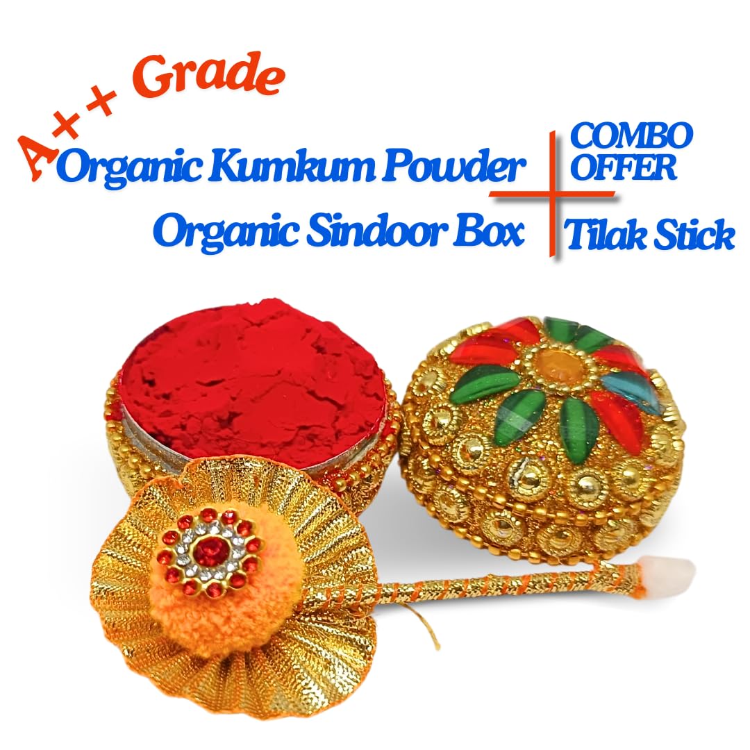 A promotional product image showing a combo offer of organic kumkum powder, organic sindoor box, and tilak stick. The kumkum is bright red and shown in an open round container.