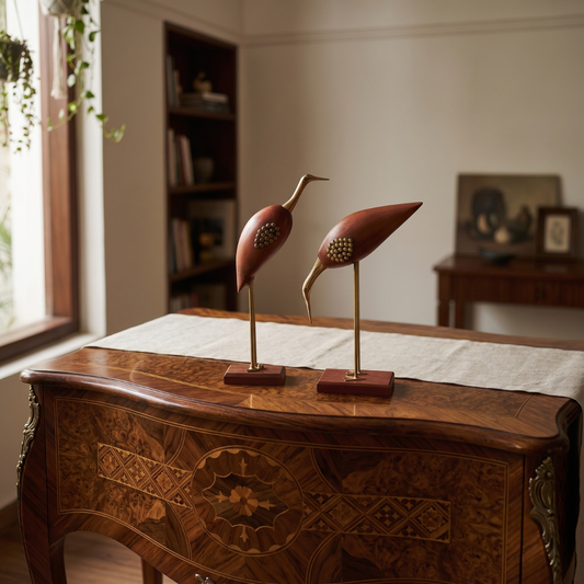 Two decorative wooden bird sculptures with gold-toned metal legs and reddish-brown bases, displayed on a wooden console table in a softly lit room.