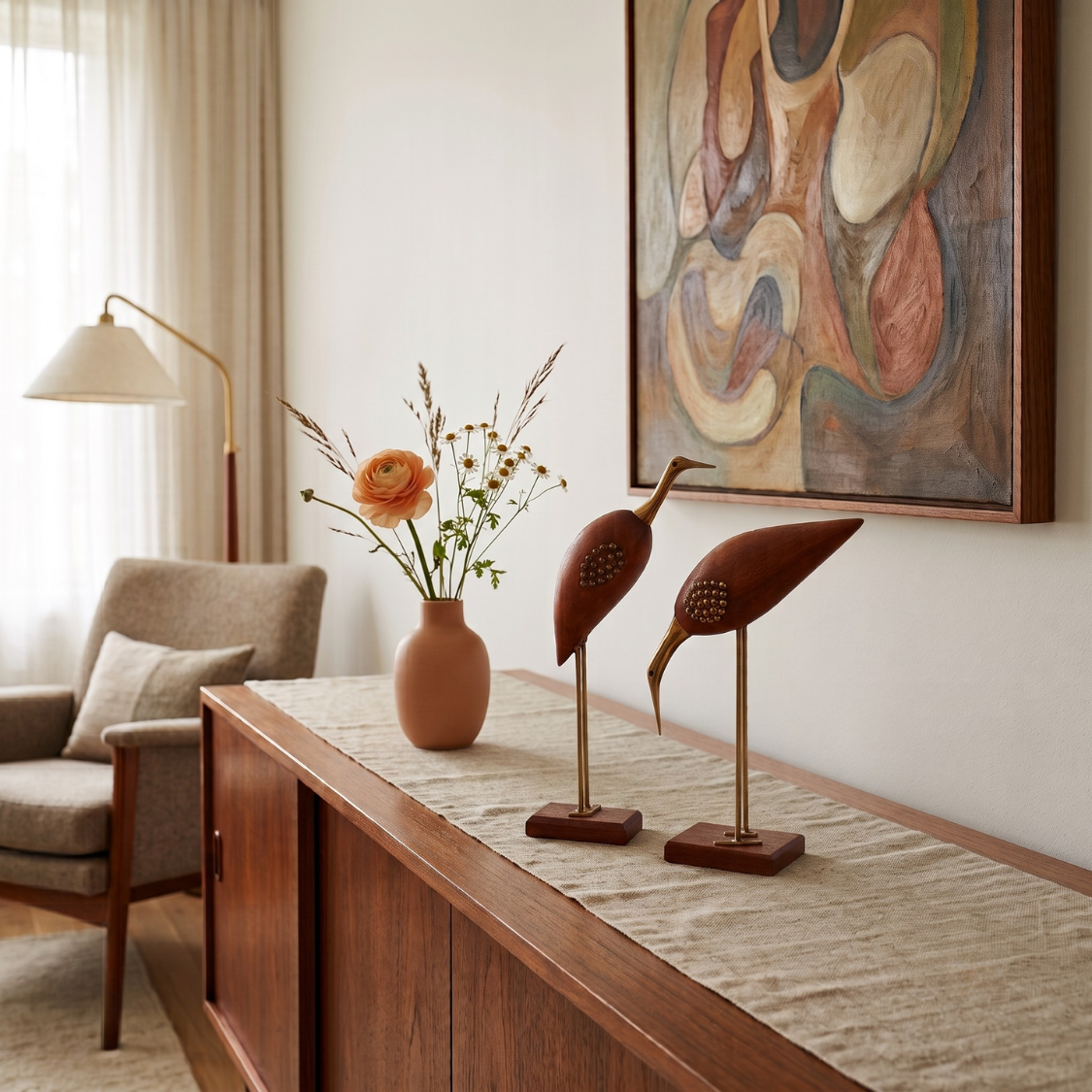 A styled interior scene with a wooden console table holding two brown bird sculptures on brass stands and a terracotta vase with dried flowers. A chair, floor lamp, and abstract wall art are visible in a softly lit room.
