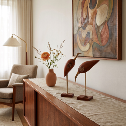 A styled interior scene with a wooden console table holding two brown bird sculptures on brass stands and a terracotta vase with dried flowers. A chair, floor lamp, and abstract wall art are visible in a softly lit room.