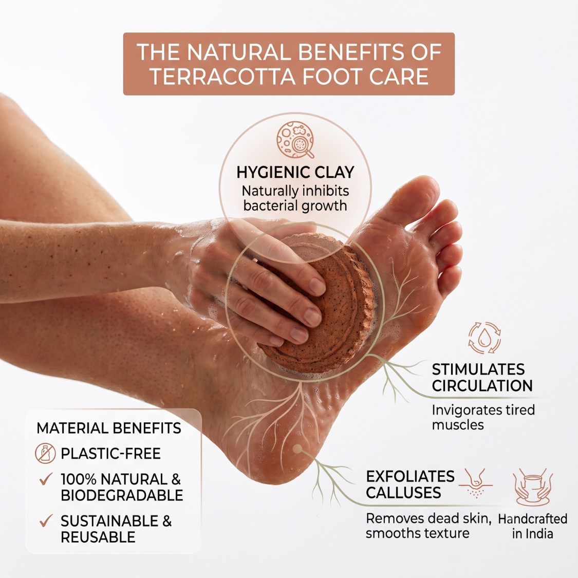 An infographic titled 'THE NATURAL BENEFITS OF TERRACOTTA FOOT CARE' showing a close-up of a person's foot and hand using a round terracotta foot care stone. The graphic includes text callouts about hygienic clay, stimulation of circulation, exfoliation of calluses, and material benefits like plastic-free and reusable.