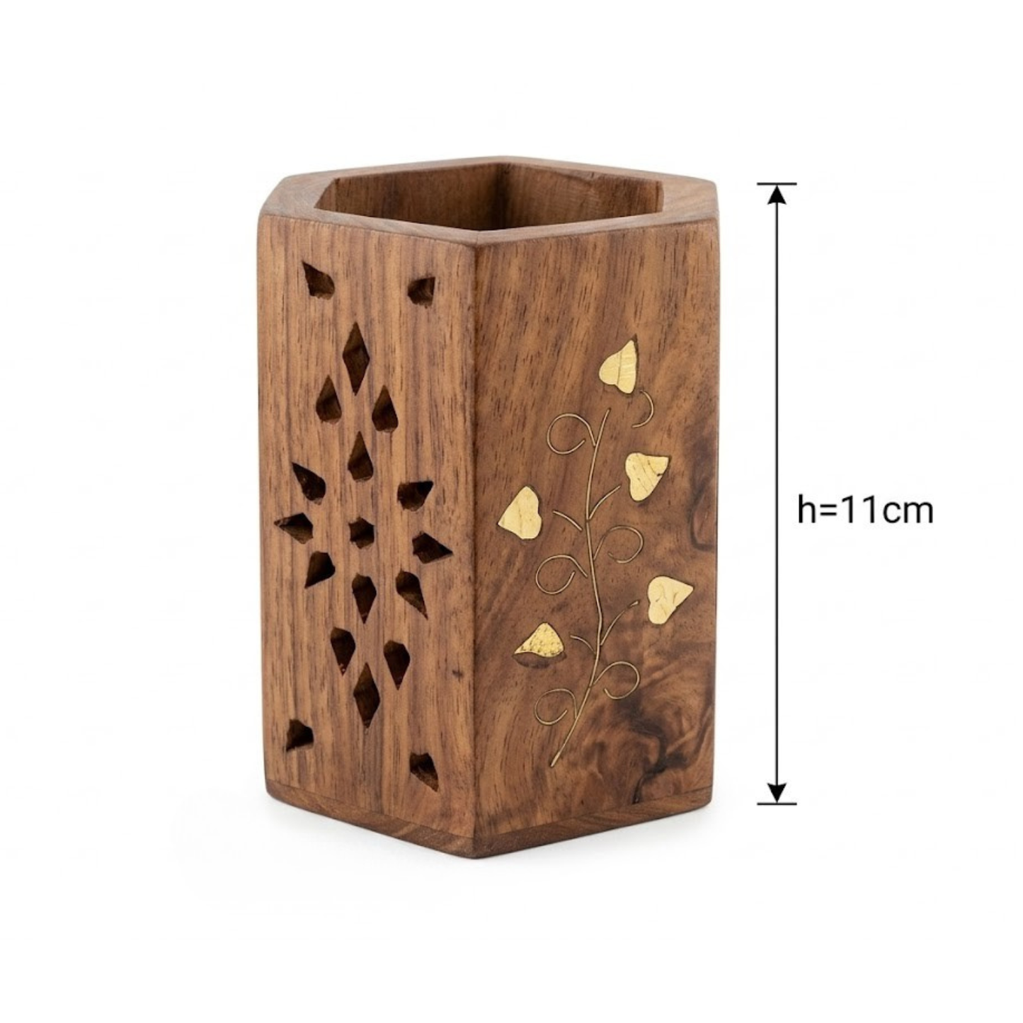 Santarms Handcrafted Hexagonal Wooden Holder with Brass Inlay
