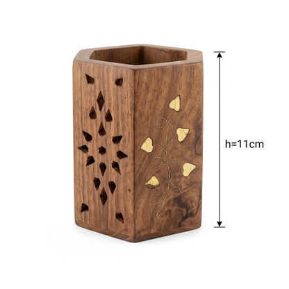 Santarms Handcrafted Hexagonal Wooden Holder with Brass Inlay