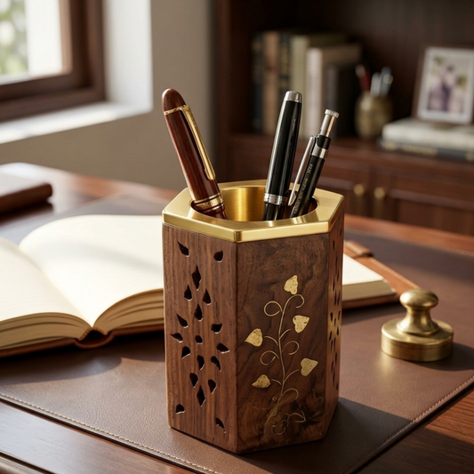 A hexagonal wooden desk organizer with gold metal trim and floral inlay, holding several pens, set on a brown leather desk mat in a warm office environment.
