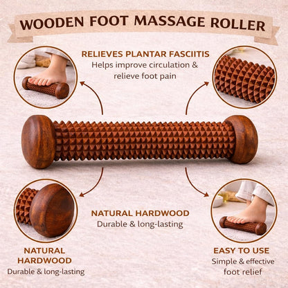Wooden foot massage roller shown on a beige background with informational text and circular inset photos demonstrating foot use. The product is a cylindrical wooden roller with textured spikes and rounded ends.