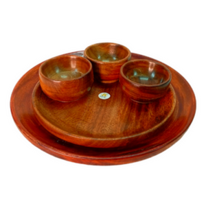 Santarms Wooden Dinner Set Wooden Dinner Set HANDICRAFTS Wooden Brown Serving Four Bowl with Wooden Plates