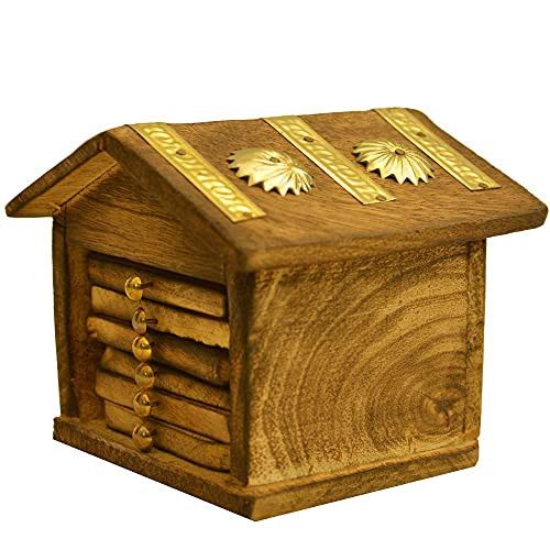 Santarms Handmade Wooden House Shape Coaster Set (9x10x10) cm [Brown Colour]- for Coffee Table/Kitchen/Dining Table, Office Desk