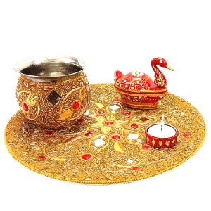 Santarms puja thali set | pooja thali items with Duck Kumkum Box decorative thali set kalash karva chauth decoration special teej wife wedding diwali ka gifts thali