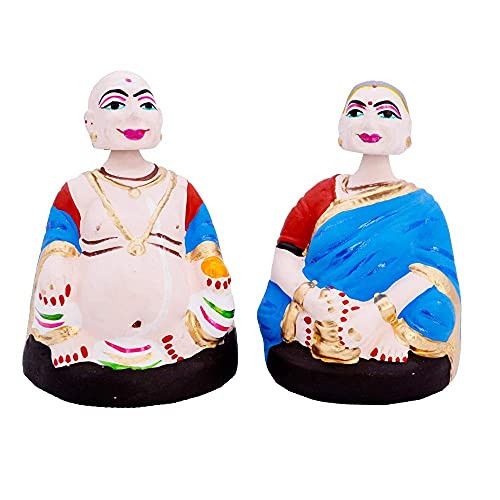 Santarms Thanjavur Thatha Patti Dolls (7 inch) Red -Sky Blue Paper Mache