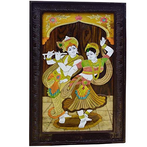 Santarms Handcrafted Dancing Radha-Krishna Painting with Wooden Frame