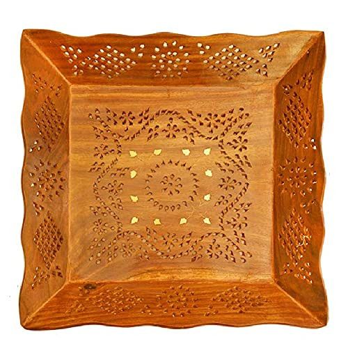Santarms beautiful zalli work Wooden Tray Set (31x31x6)cm [brown colour]- for kitchen, dining,serving-for welcoming guests,for home office and multipurpose use-grahpravesham item-grah pravesh gift- Us