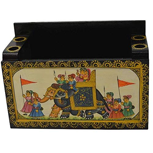 Santarms Wooden Painting Pen Stand 4 (15x21.5x9) cm - handicrafts Home Decorative Item with rajesthani meenakari - Study Material Pen pancil Holder - Gift Propose