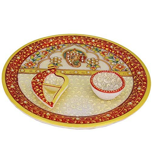 santarms Pooja thali Beautiful Marble Plate handcrafts (Multi Colour)- showpiece Item - use as puja thali/Rakhi Platter/Tilak thali