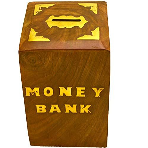 Santarms Handmade Wooden Money Bank (15.5x9.5x9.5) cm [Brown Colour]-Piggy Bank/Coin Box with Lock for Kids, Girls, Boys-grahpravesham Item-grah pravesh Gift-us as a Gift