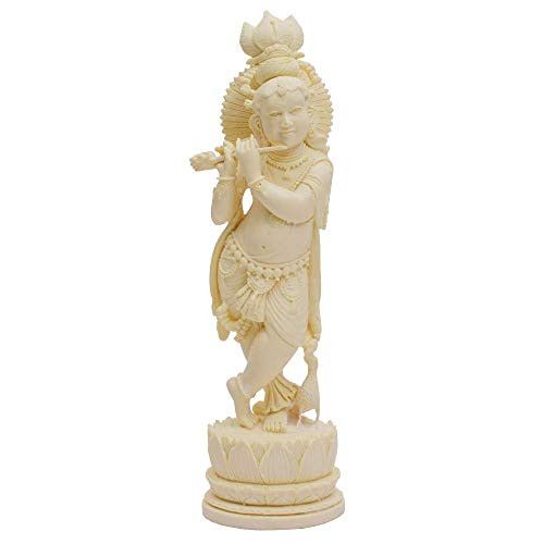 santarms Handmade Marble Krishna Statue (23 cm) Off-White Colour -Showpiece for Table top- Home, Temple -fine Handmade-Idol Lord Krishna (Thakur ji, Gopal ji,makhan chor)- Best for Gifting