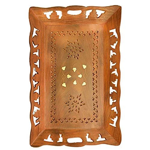 Santarms Wooden Handcraft serving Tray Set (24x38x4)cm [brown colour]- for kitchen, dining,serving-for welcoming guests,for home office and multipurpose use-grahpravesham item-grah pravesh gift- Use a