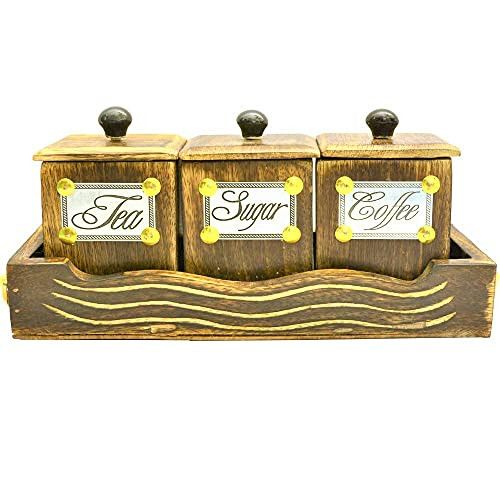 Santarms Handmade Wooden Decorative Tea, Coffee, Sugar Box with Tray (11x27x11) cm [Brown Colour]-for Home, Restaurant, Kitchen, Workplace- Best for Gifting