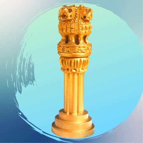 Santarms 5 inches Large golden wooden Ashoka Stambh Pillar Indian National Emblem Ideal for Office & Home Decor Showpiece Gift women men car statue showpiece Indian decoration ashoka stambh for table